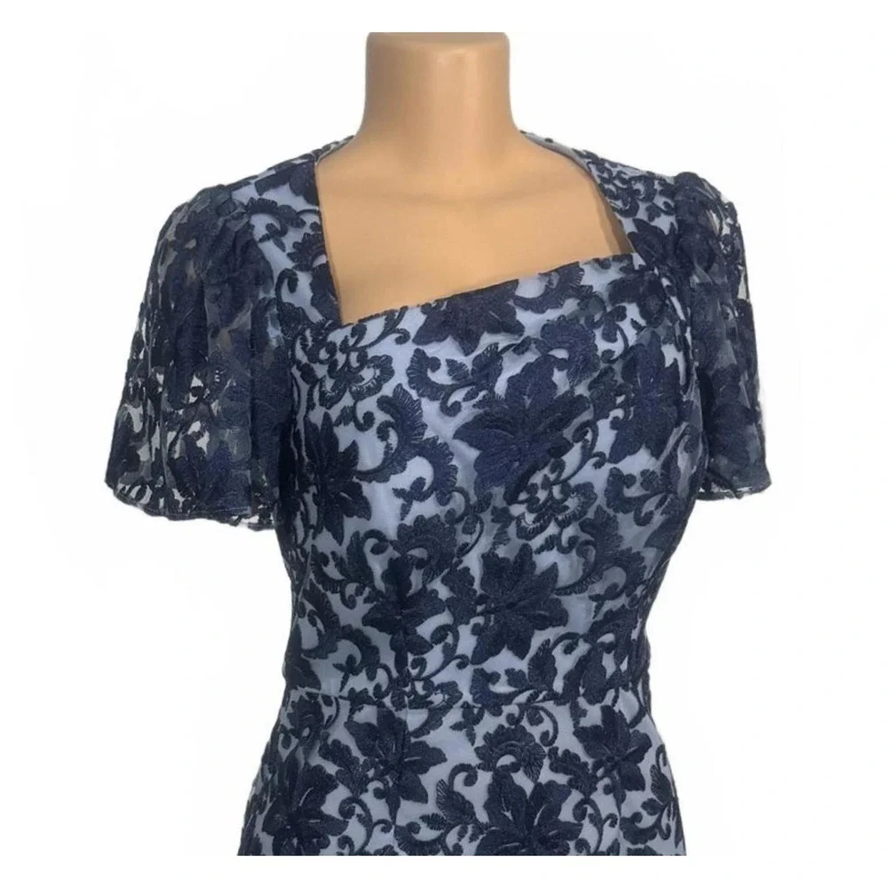 JS Collections Navy Lace Overlay Square Neck‎ Dress Short Flutter Sleeves Size 4